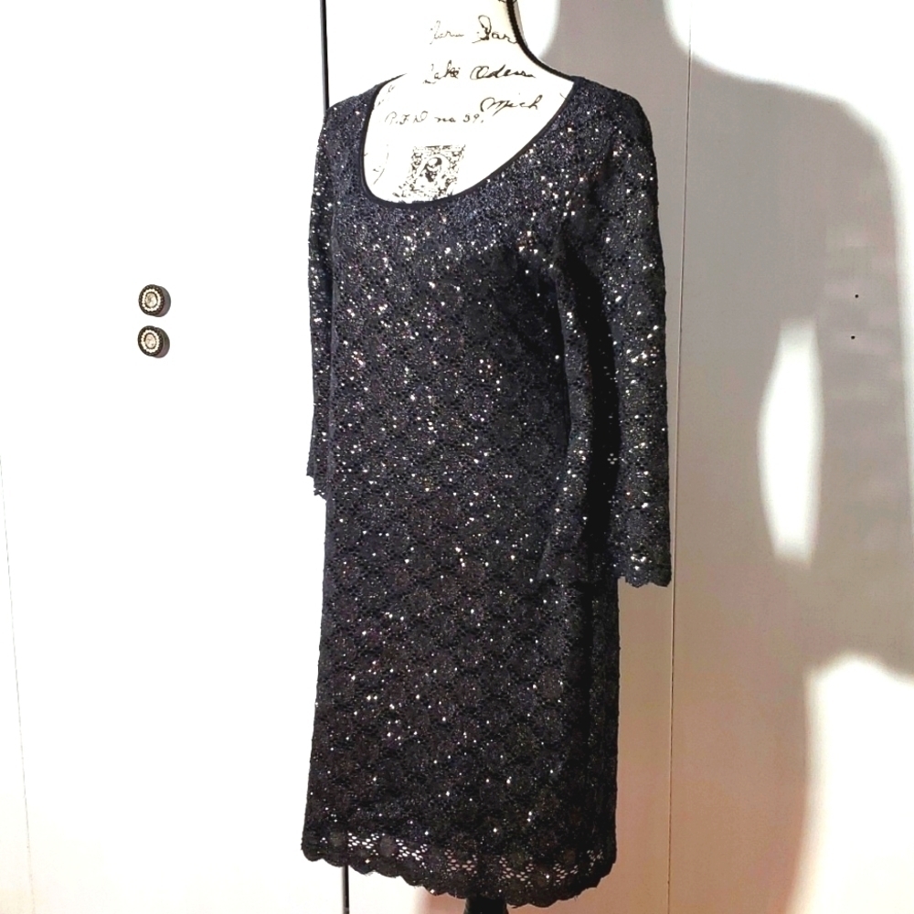 Ronni Nicole| Womens Black Silver Metallic Midi Shimmer Dress Elegant Sz.10